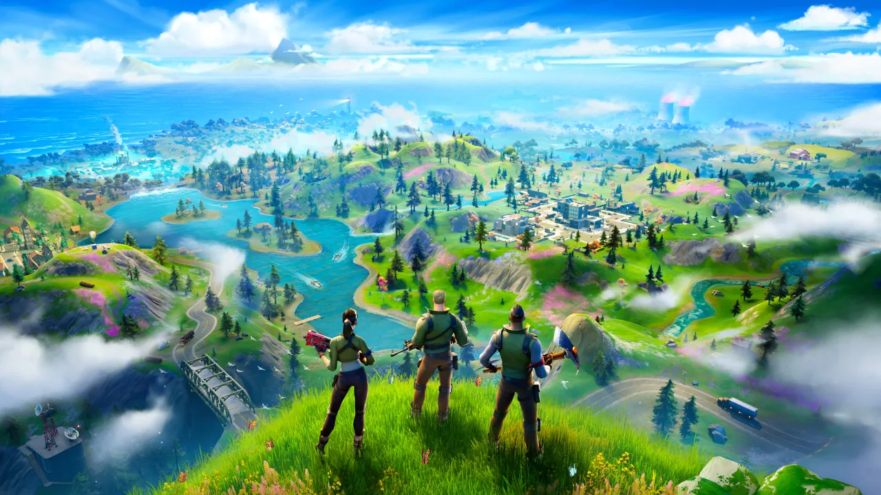Jovem jogando Fortnite no console, vestindo camiseta azul com Sonic, fone nos ouvidos e garrafa de água ao lado