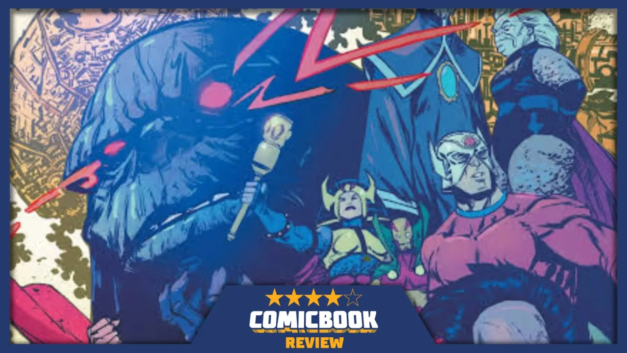 Capa de Darkseid vs. The World #1 mostrando Darkseid sobre Nova York, ao lado dos símbolos da DC e do título da saga