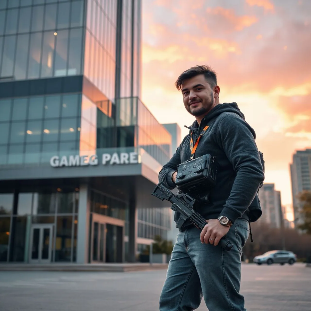 Hideo Kojima sorrindo na entrada da Sony City, com o letreiro da Sony ao fundo