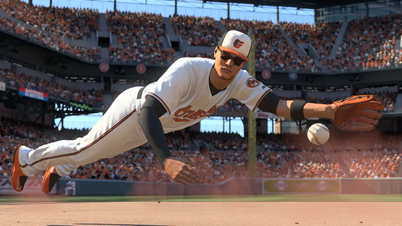 Smartphone exibindo o jogo de baseball da Sony ao lado de um taco, luva e uma garrafa de água em uma mesa