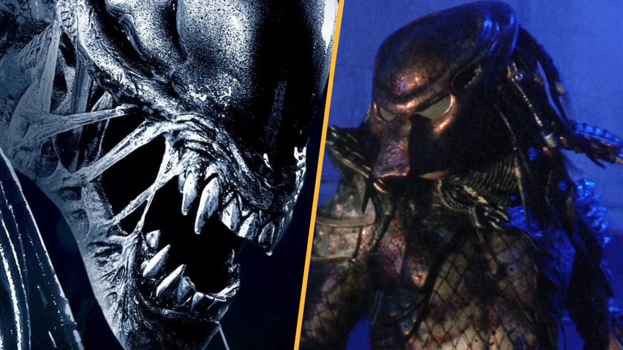 Modelo fazendo flexão ao lado de um capacete de Predator e um ovo de alien sobre um tapete de yoga
