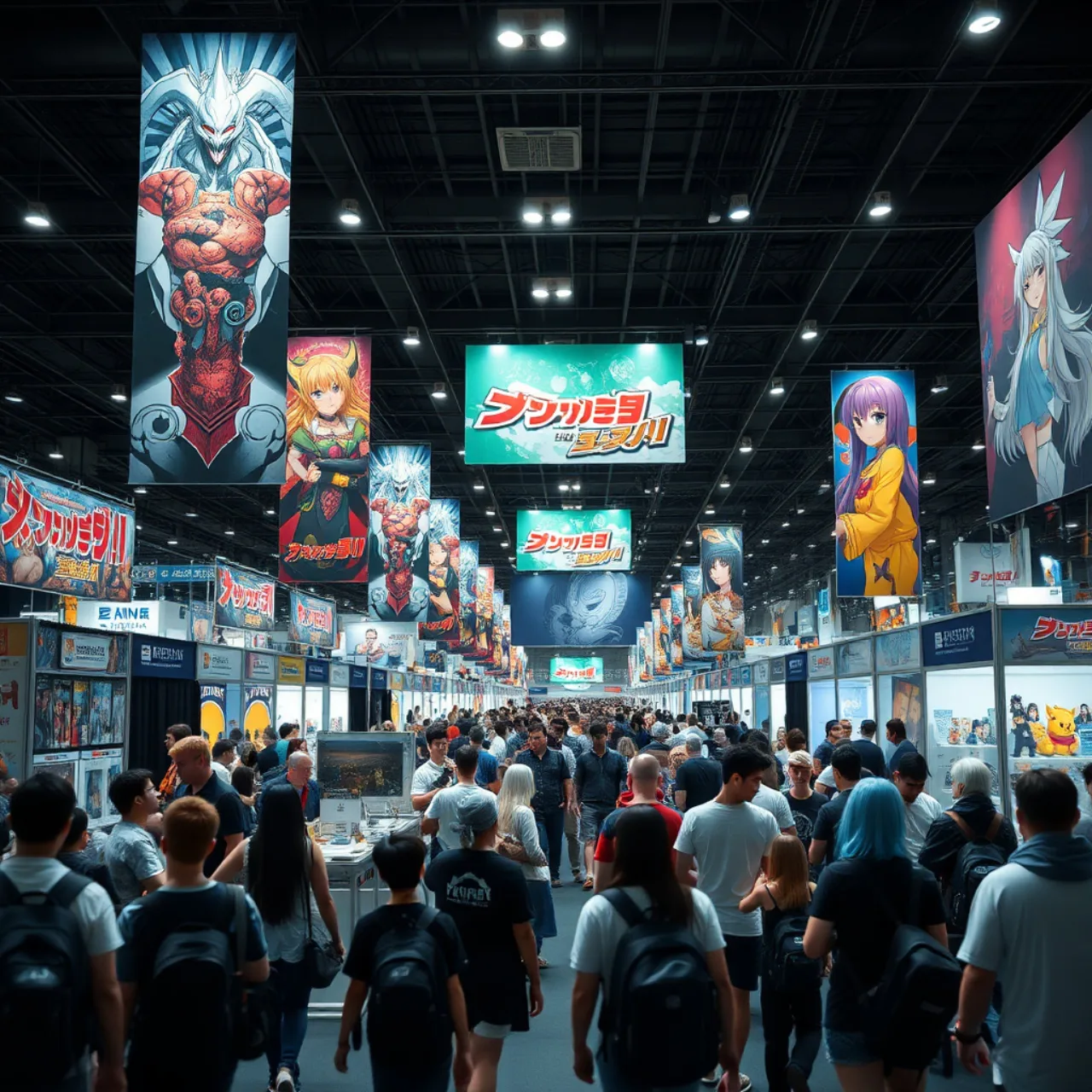 Cosplayers em roupas de anime treinando com halteres e tapetes de yoga em um estande colorido da Kadokawa