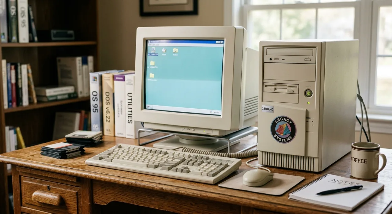 Um jovem jogando no Amiga A1200 enquanto faz agachamento, com garrafa d'água ao lado