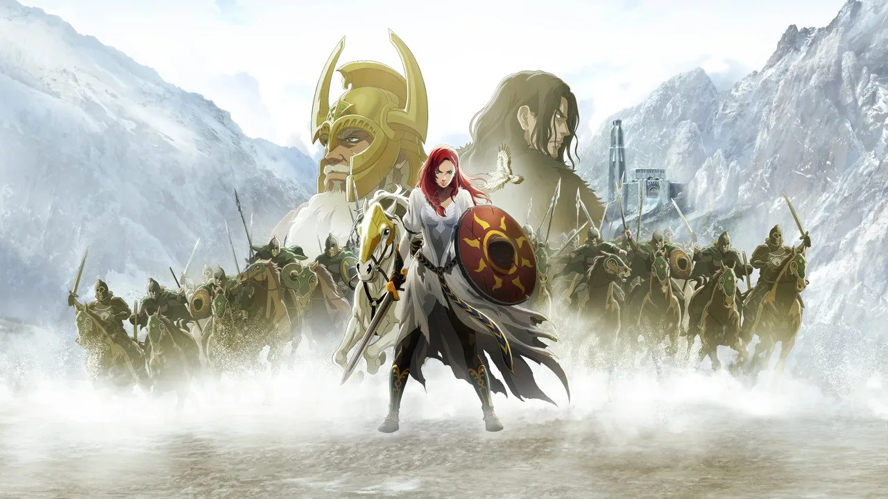 Cavaleiro em armadura Rohan ao lado de um cavalo, com pergaminho em Old English e o logo de The War of the Rohirrim