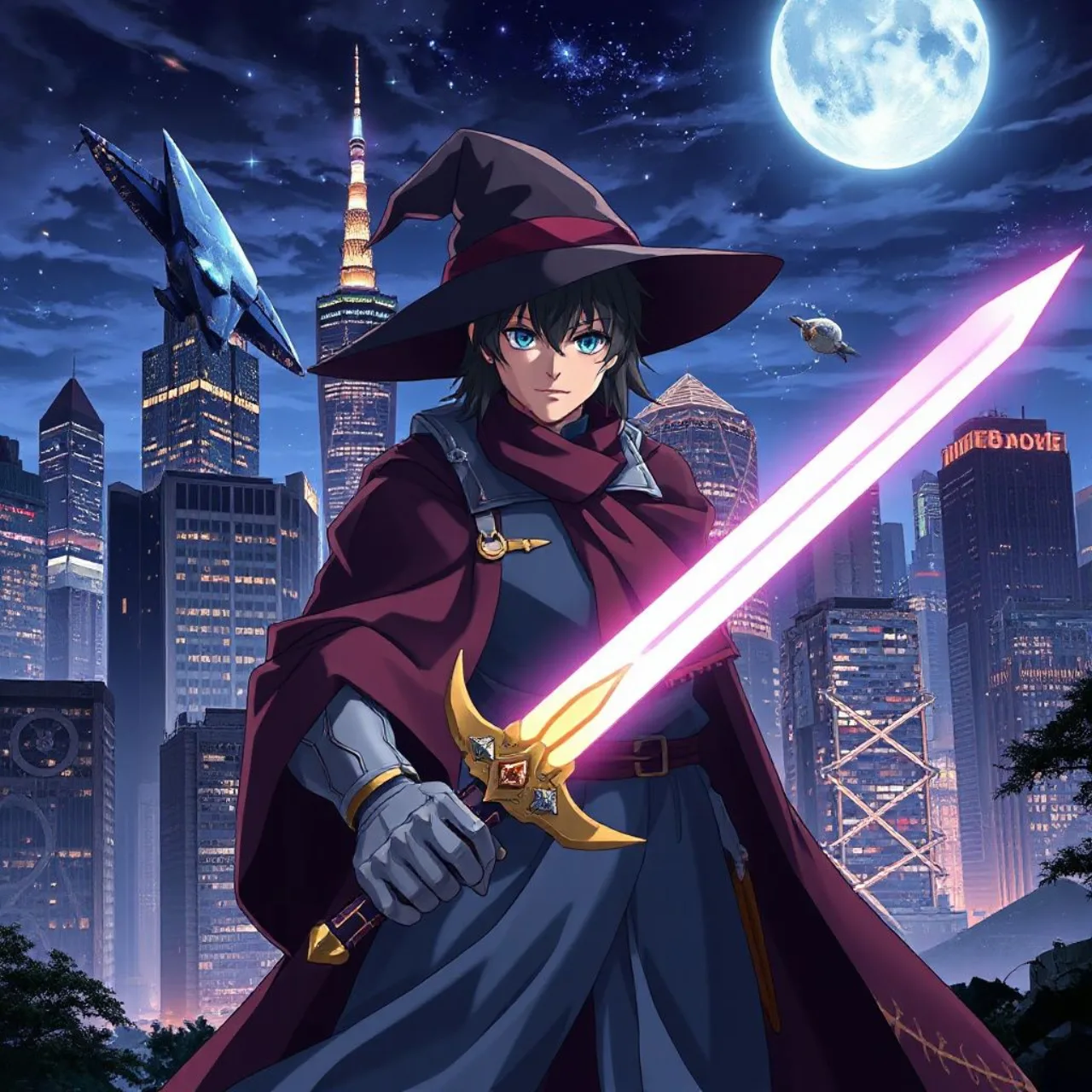 Mago de Laid-Off Cheat-Granting Mage empunha cajado diante de cidade, com o logo do anime ao fundo