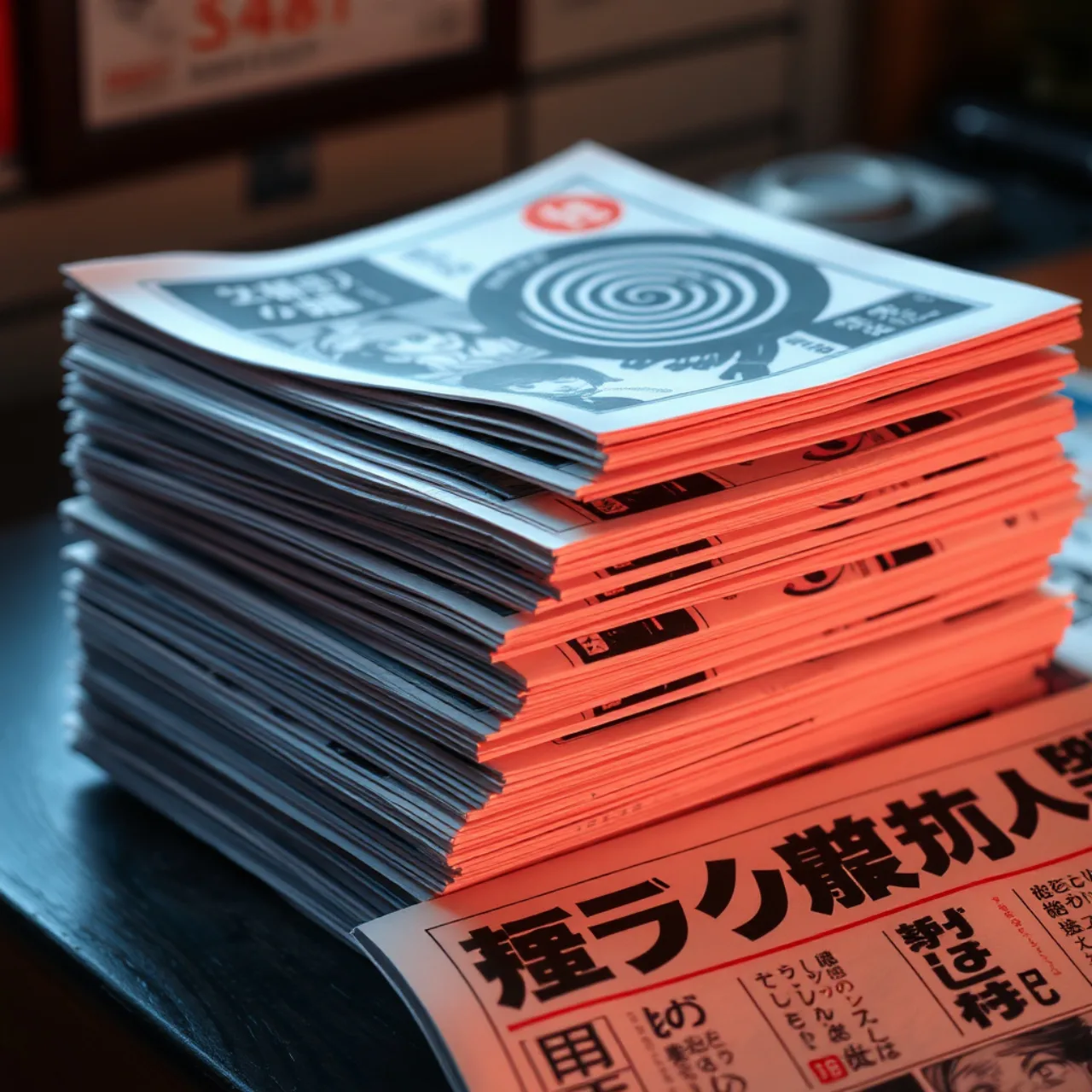 Pessoa em postura de prancha, segurando um livro aberto de “Uzumaki” ao lado de uma garrafa d'água