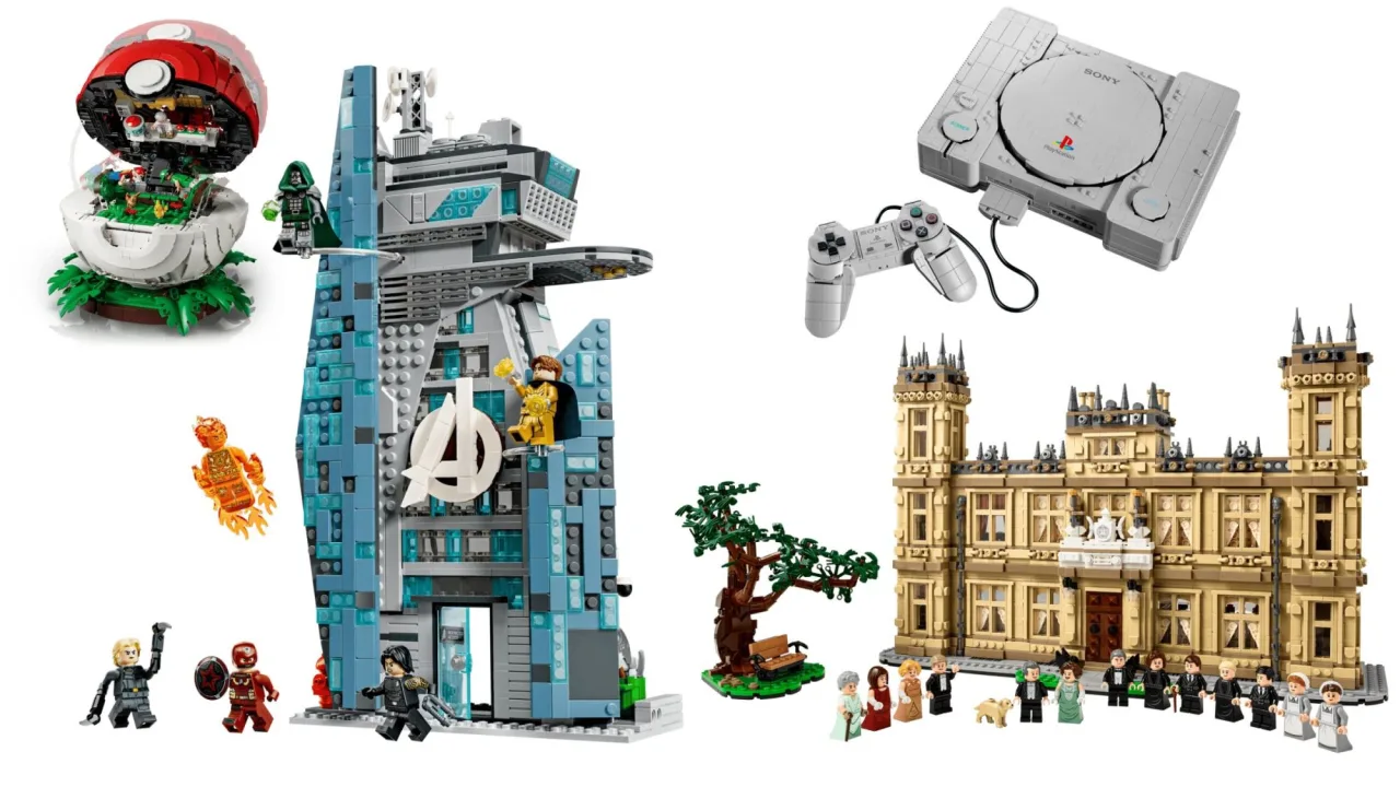 Vários novos kits LEGO em exibição, destacando o Executor Super Star Destroyer e um set temático da PlayStation