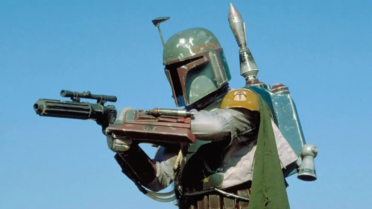 Figura de 12" da Kenner de Boba Fett em pose de ação, com o gancho de grappling funcional destacado