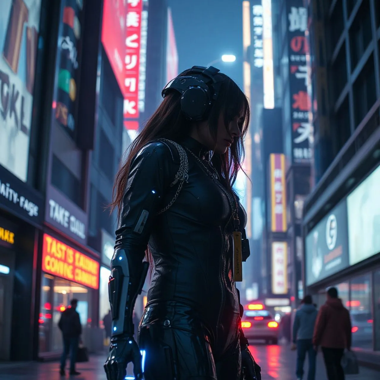 Major Motoko Kusanagi em pose de ação, com neon da cidade cyberpunk ao fundo e o logo de Ghost in the Shell