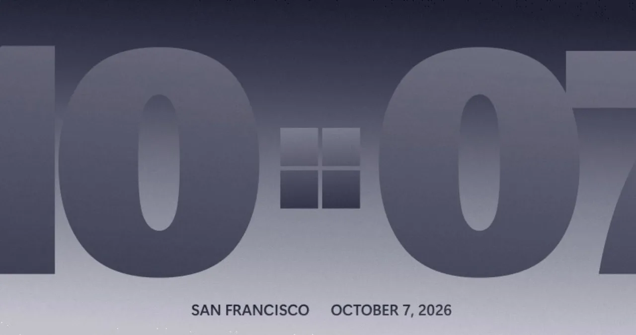 Logotipo da Microsoft ao fundo, dispositivos Surface sobre mesa e banner com data 7/10 e ícone do Windows