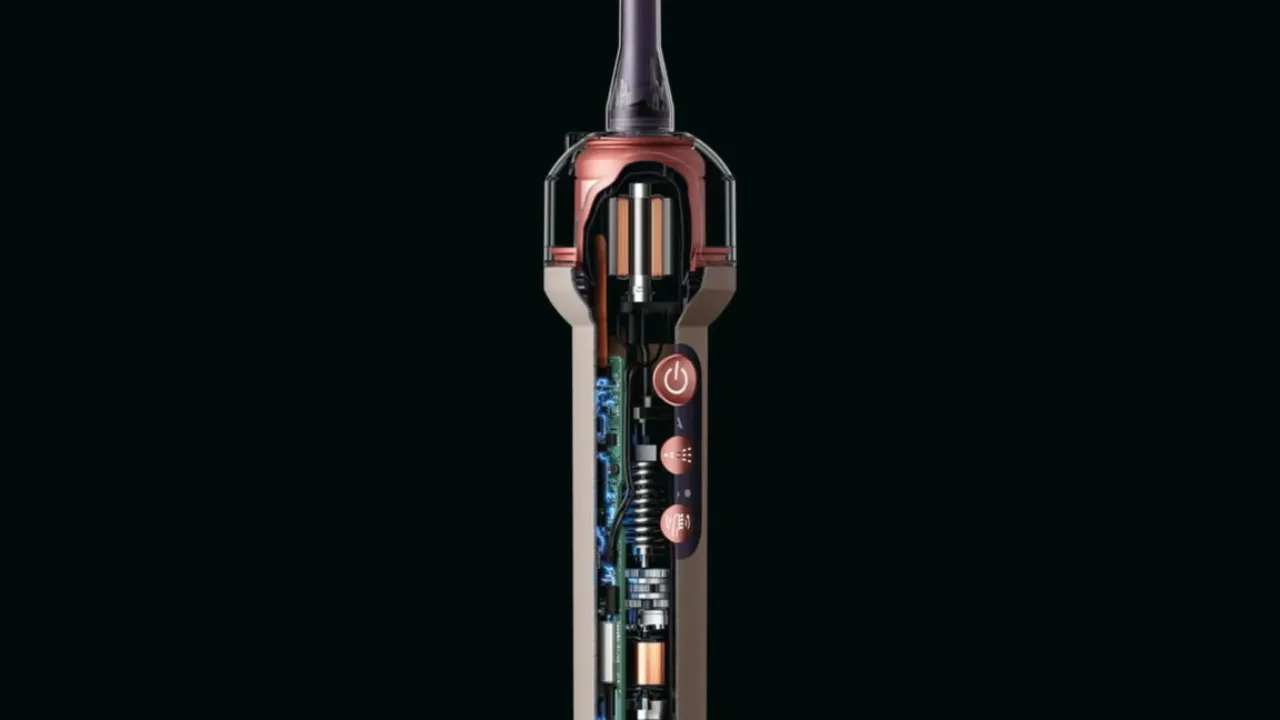 Escova elétrica Dyson CameraJet com logo da marca, gotas d’água na base e sinal de alerta ao lado