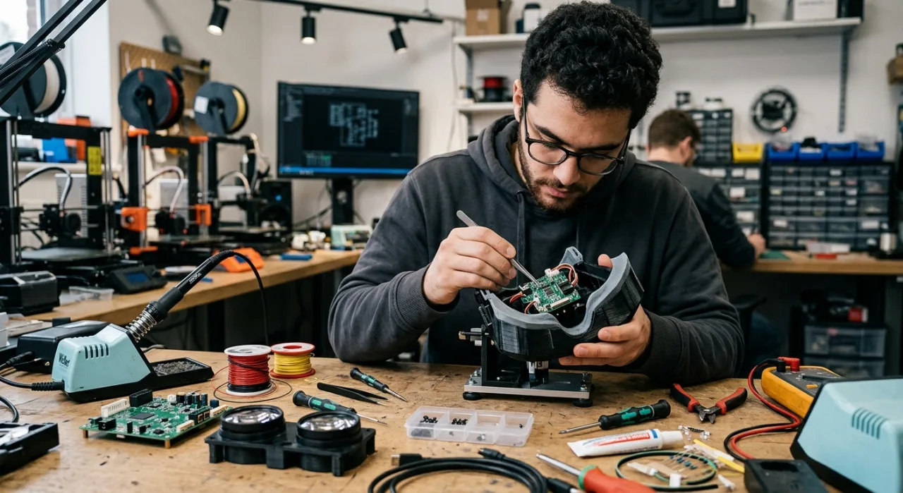 Mãos seguram lentes e placas eletrônicas enquanto montam um headset VR caseiro sobre uma mesa de trabalho