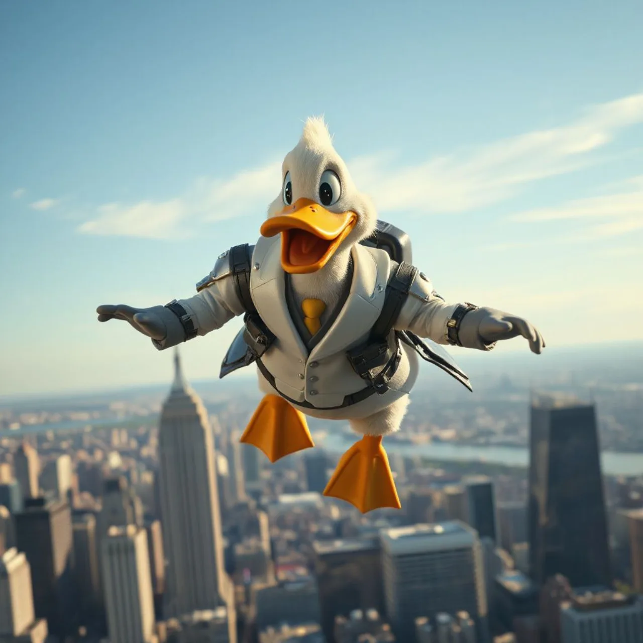 Gizmoduck em traje robótico ao lado de Dodger, o gato ladrão, e Kit Cloudkicker com jetpack, sobre fundo azul Disney