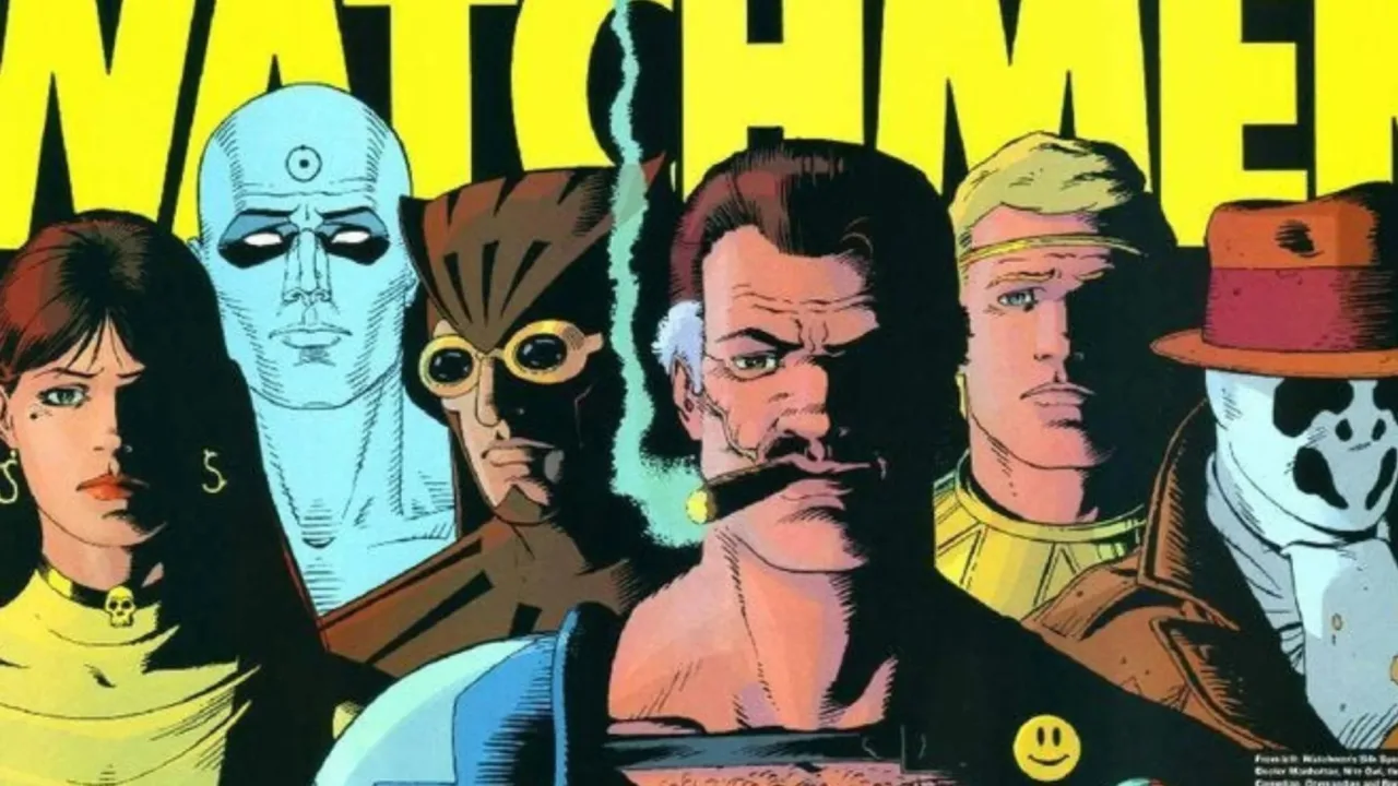 Capa colorida com capas de Watchmen, Miracleman e outros, sobrepostas a um fundo de papel de desenho