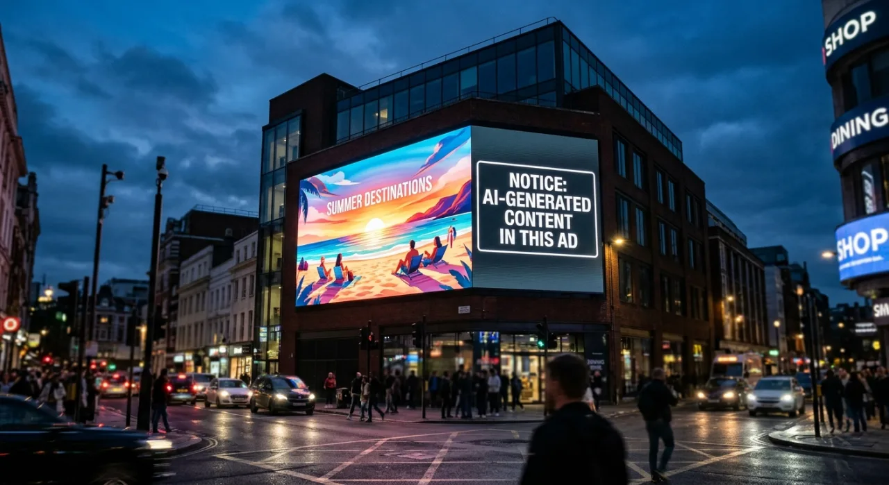 Um outdoor digital exibe o selo “AI” em destaque sobre fundo azul da bandeira da Pensilvânia