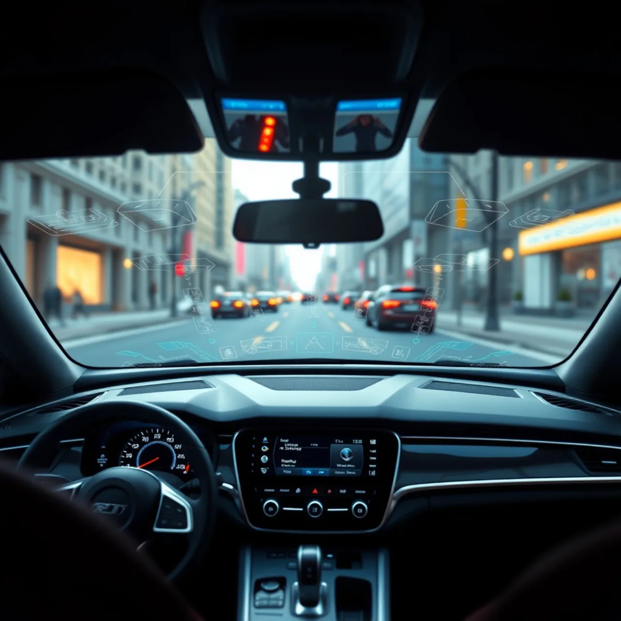 Volante vazio, motorista relaxado com as mãos no colo, tela HUD exibindo ícones de assistência e logo Mobileye ao fundo