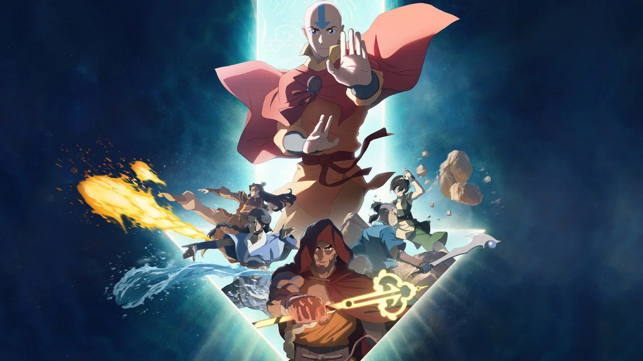 Jovem em postura de meditação aérea segurando steelbook de Avatar Aang ao lado de tapete de yoga e garrafa d'água