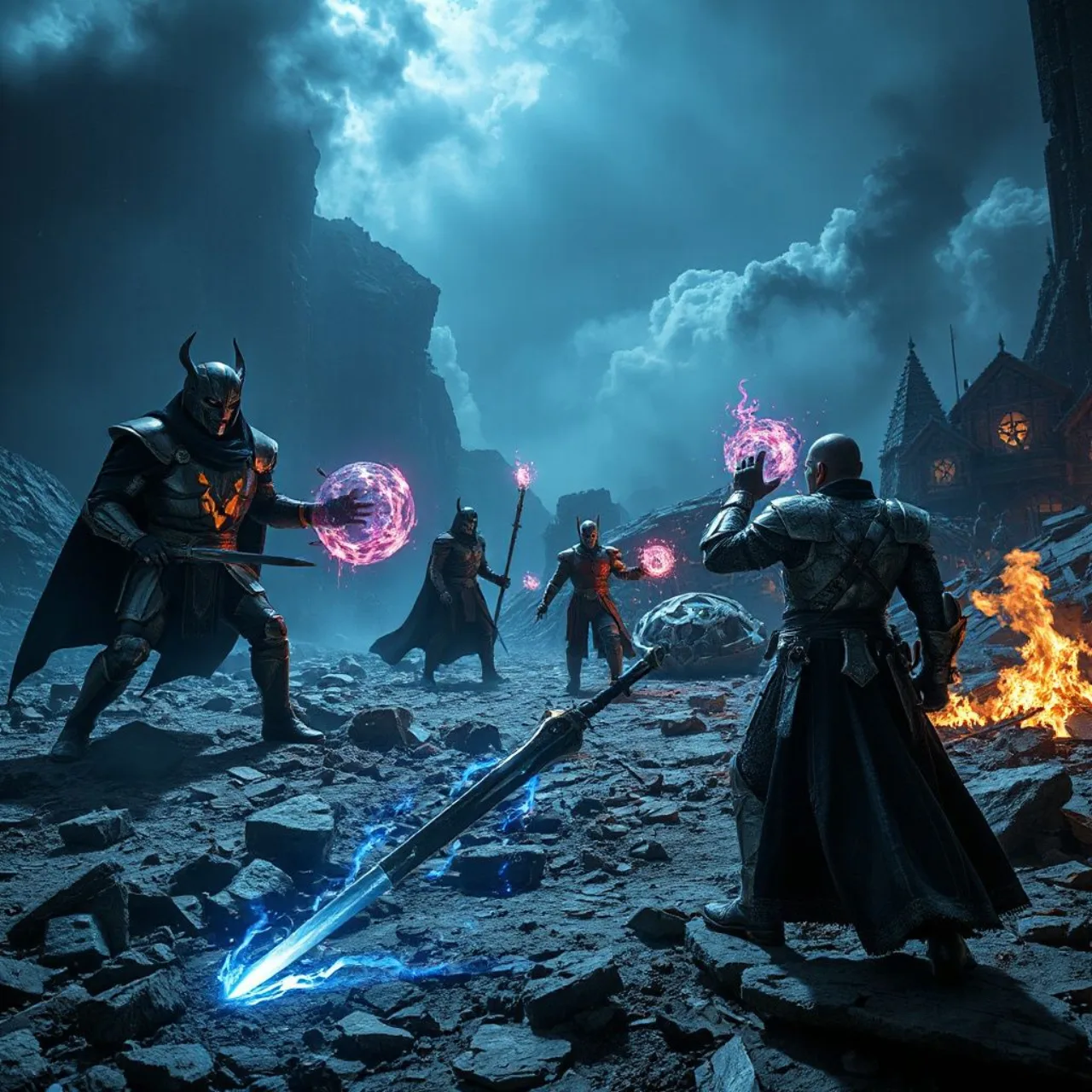 Doctor Doom em armadura ao lado de Darkseid, Nekron, Trigon, Reverse‑Flash e Cyborg Superman, todos em pose ameaçadora