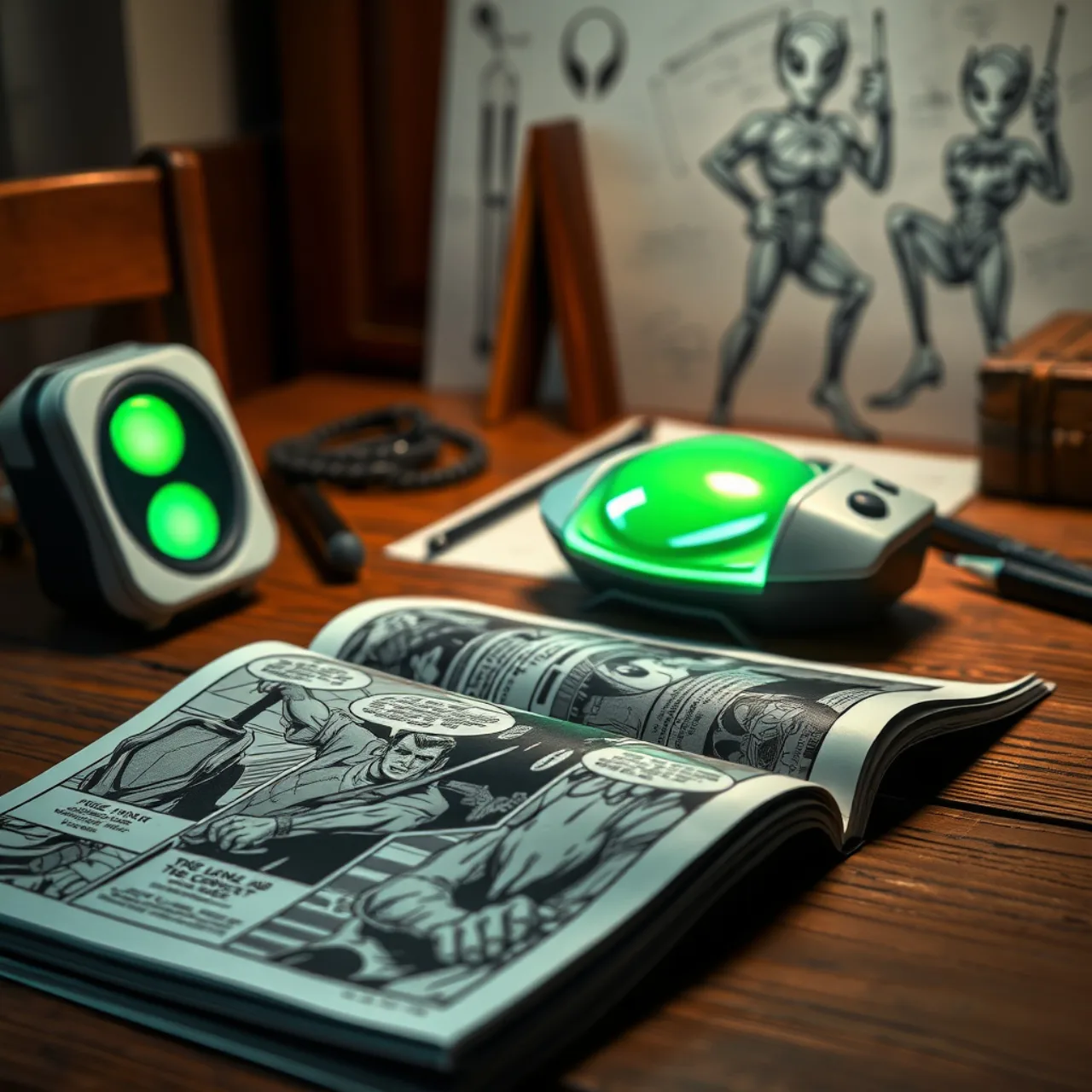 Pessoa lendo uma HQ do Ben 10 enquanto segura um smoothie verde saudável em um ambiente iluminado e moderno
