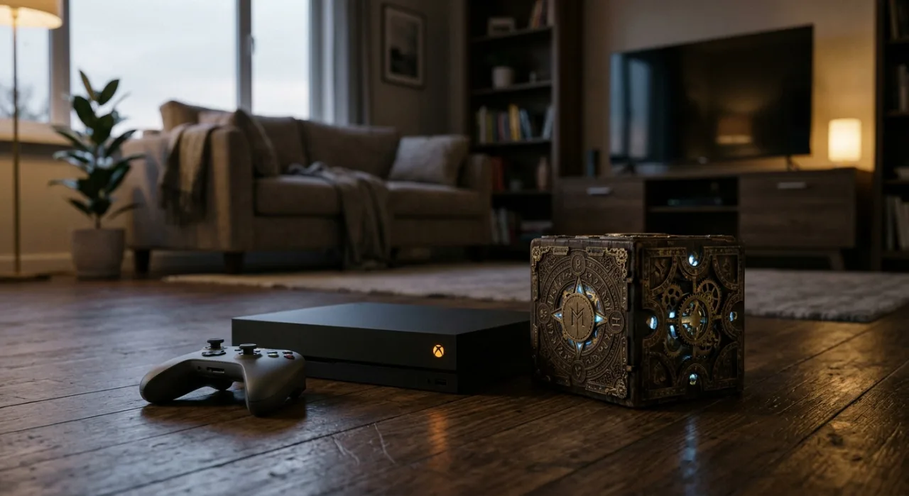 Capa de Anomalith exibindo seu protagonista em um cenário distópico ao lado de um controle de console sobre a mesa