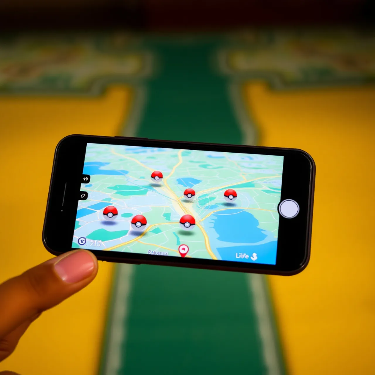 Mão segurando smartphone exibindo Pokémon GO, com um pequeno dispositivo eletrônico ao lado lançando pokéballs