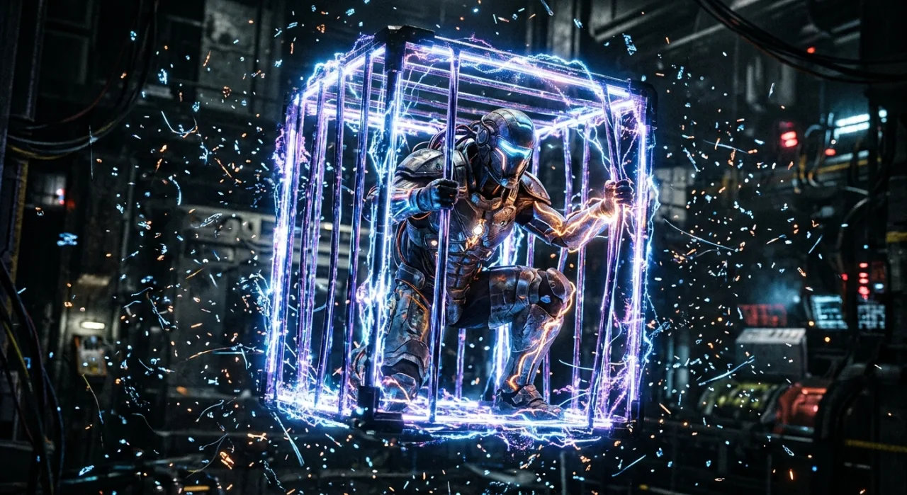 Victor Stone, o Cyborg, em uma cela de microverso iluminada por nanobots cintilantes