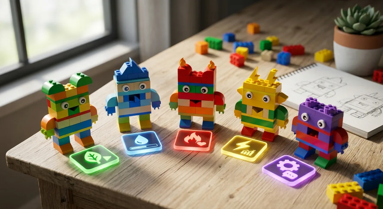 Criança faz agachamento segurando miniaturas LEGO Pokémon coloridas, ao lado de um tapete de yoga