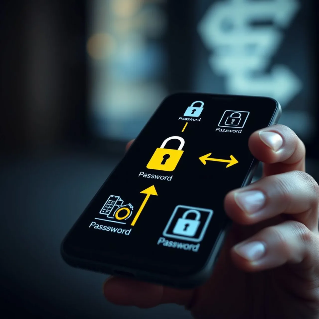 Tela Android mostrando ícones de LastPass, 1Password e Bitwarden ligados por setas de transferência criptografada