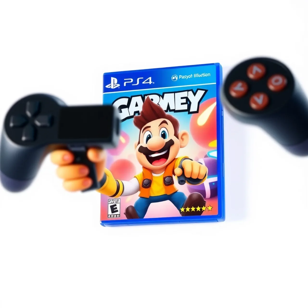 Jovem segurando o controle Wii, fazendo agachamento ao lado da caixa de WarioWare Smooth Moves