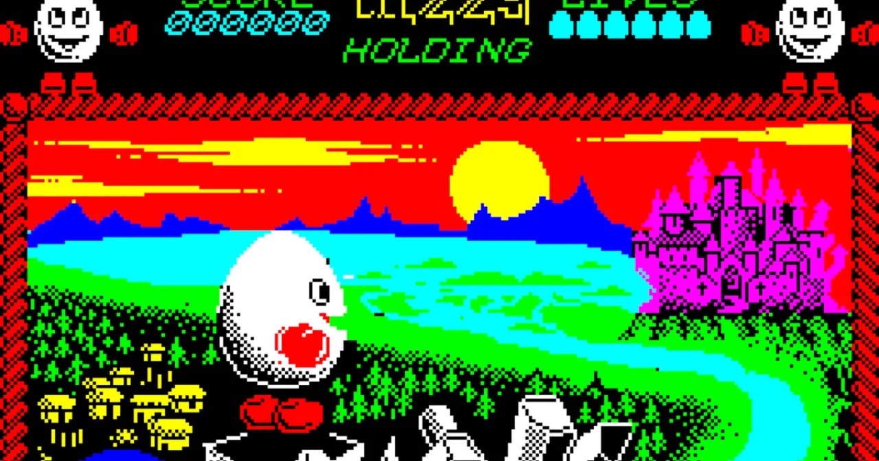 Dizzy, o ovo, aparece em frente a um mapa de Treasure Island ao lado dos logos ZX Spectrum, NES e Mega Drive