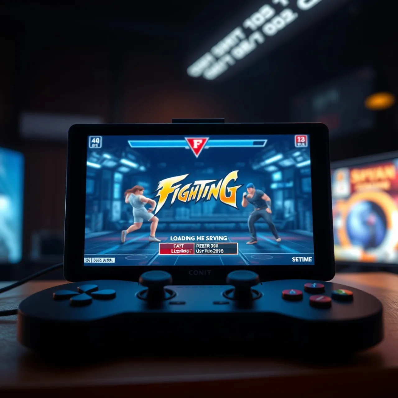 Jovem em roupa esportiva, segurando controle de PS5, faz agachamento ao lado de garrafa d'água e barra de proteína