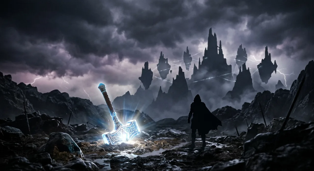 Homem musculoso fazendo levantamento de peso com martelo estilo Mjölnir em academia, ao fundo pôster de Thor