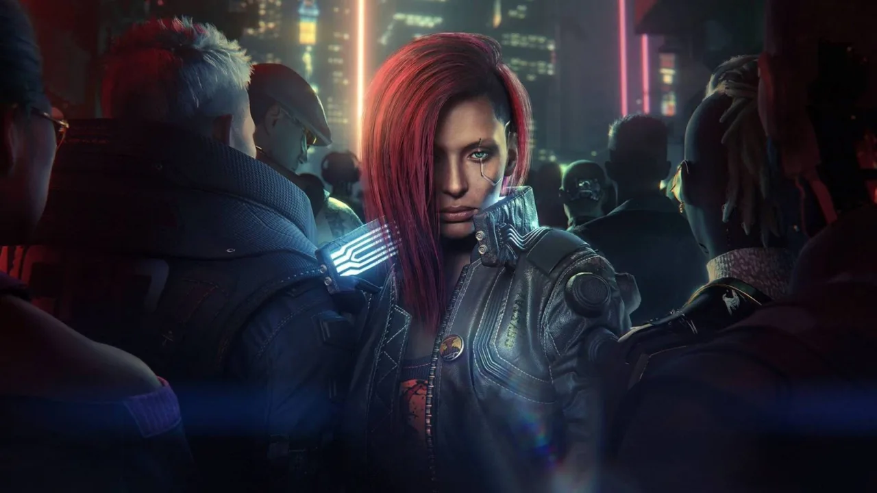 V de Cyberpunk 2077 em Night City ao lado do logo do jogo e de um controle com selo ‘Mods’