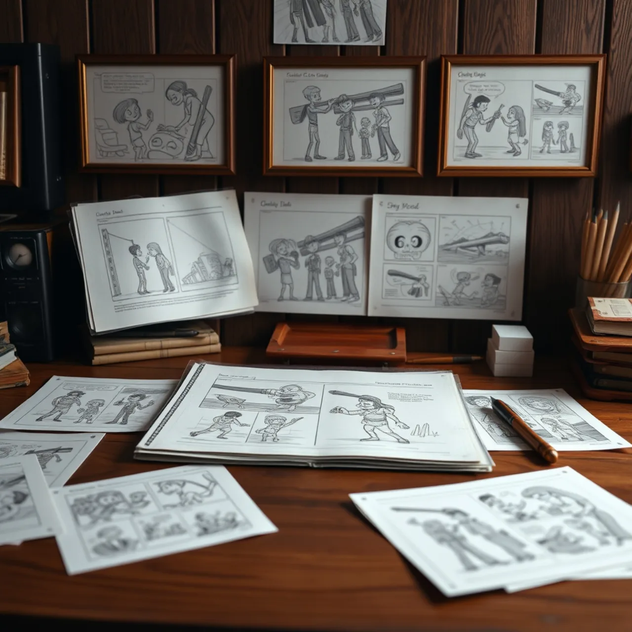 Desenho original da Disney mostrando Mickey Mouse segurando um pincel ao lado de um leilão com martelo