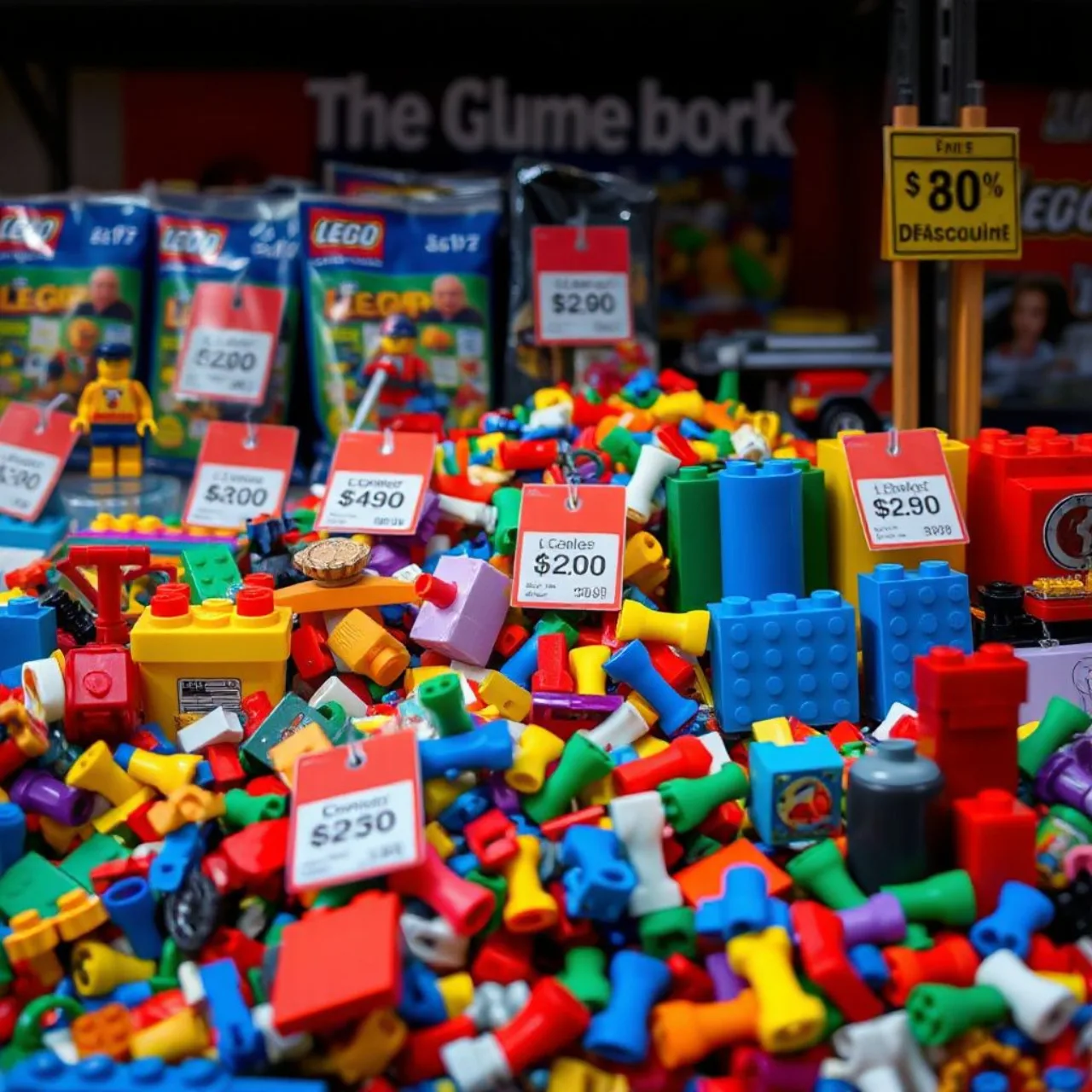 Conjunto LEGO colorido ao lado do logo da Macy’s em uma vitrine da loja, destacando a promoção relâmpago