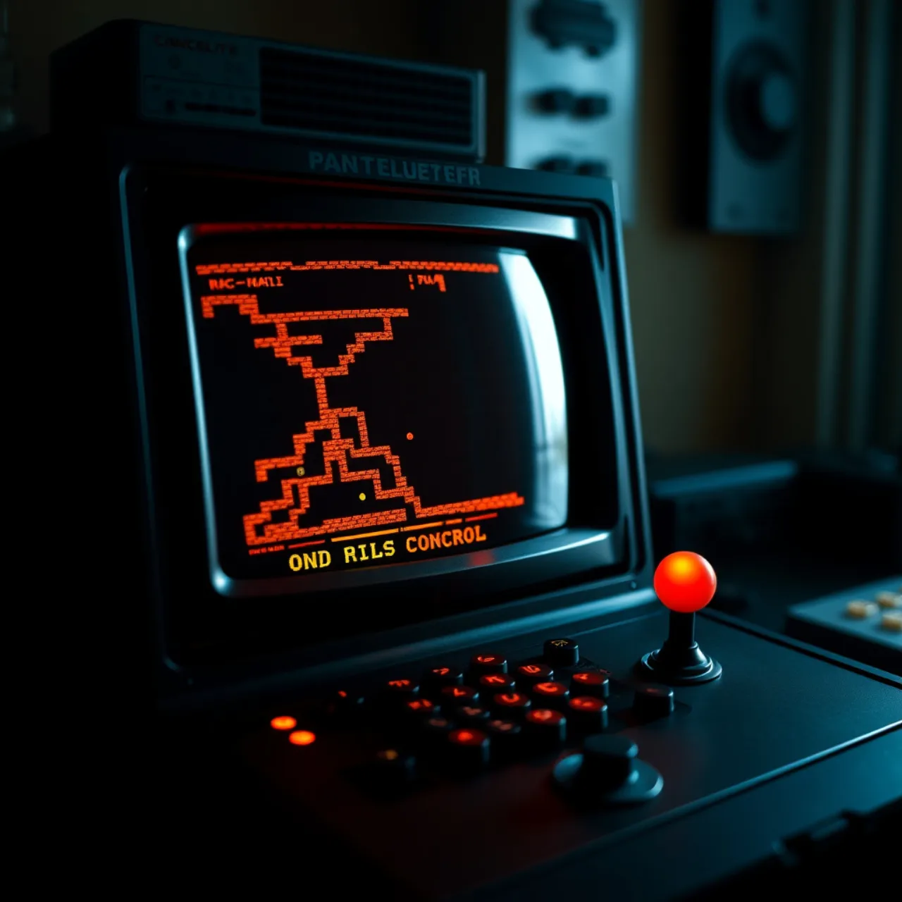 Controlador retro e manete pixel sobre mesa ergonômica, ao lado garrafa d’água, halteres e bloco de anotações