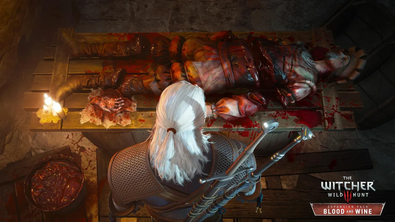 Um homem em roupa de treino levanta halteres ao lado de um console Xbox ligado, exibindo a capa de The Witcher 3