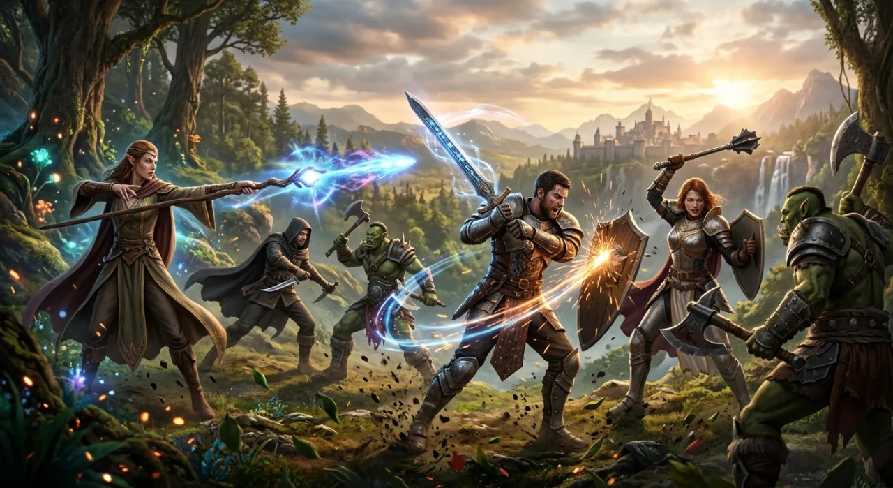 Logo de ArcheAge Chronicles ao lado de um guerreiro em armadura com duas espadas, fundo de fantasia