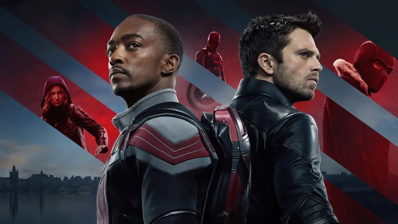 Homem em traje de Winter Soldier faz flexão com halteres vermelhos ao fundo de pôster do filme