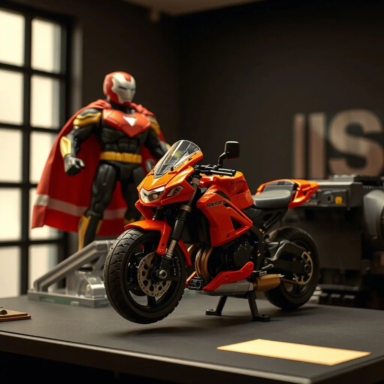 Lego Spider‑Man em miniatura ao lado da moto de 184 peças e do busto detalhado de Spider‑Punk de 1.068 peças