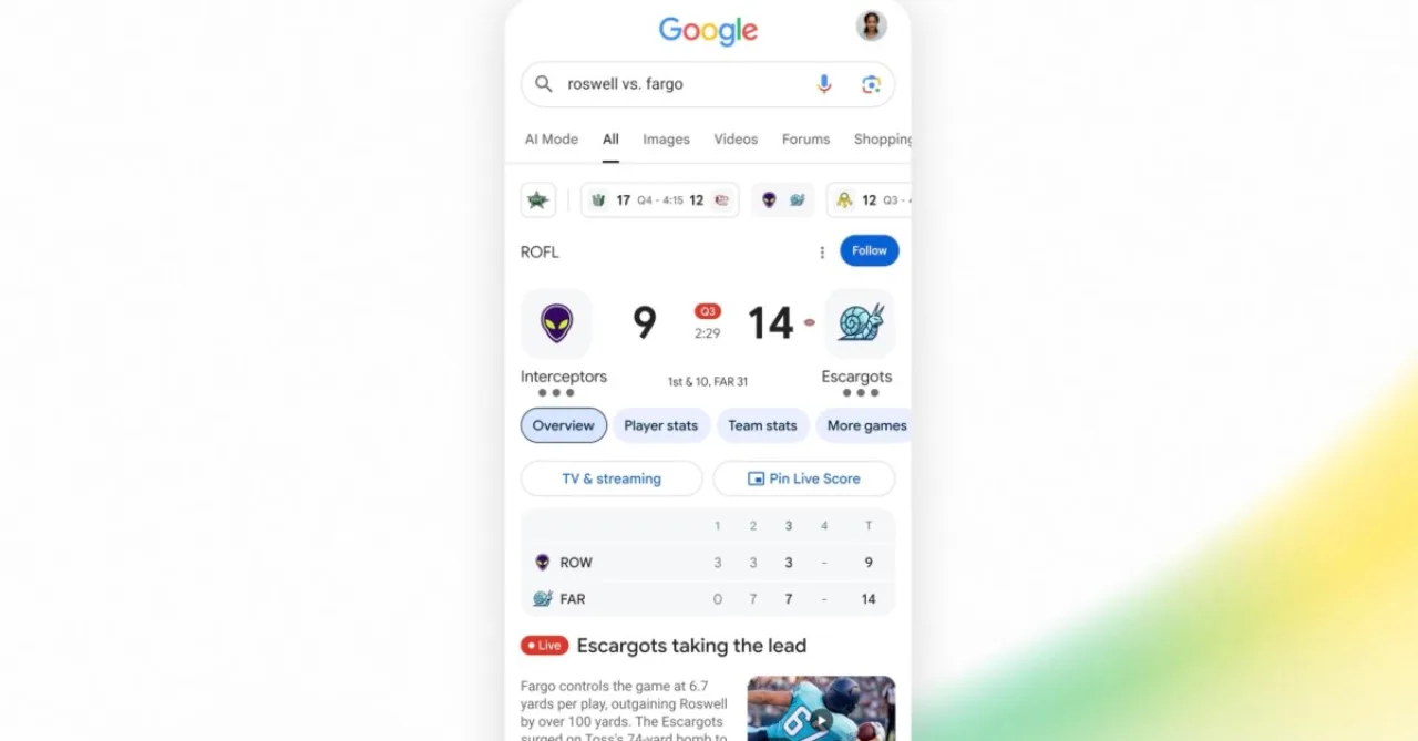 Tela de busca do Google mostrando o Live Game Feed da NFL com placar, jogadas e logos da Google e da NFL