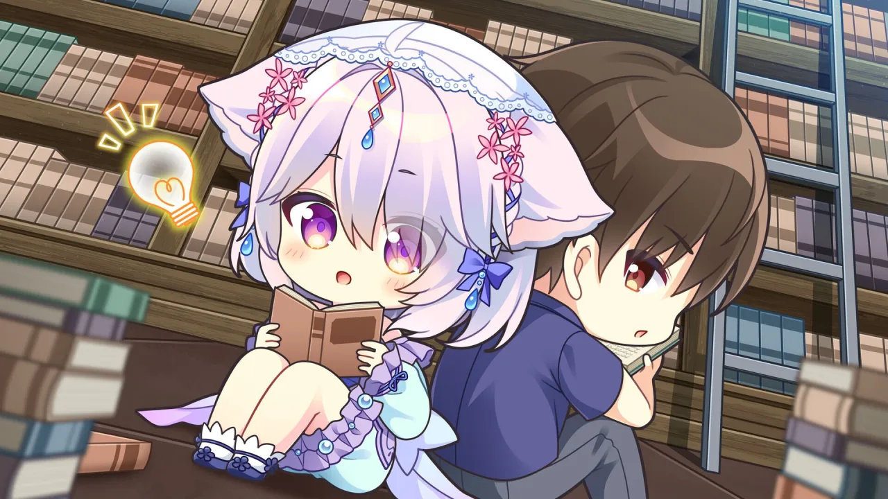 Jovem sentada no sofá, laptop aberto com a visual novel, segurando uma garrafa de água e fazendo alongamento de pescoço