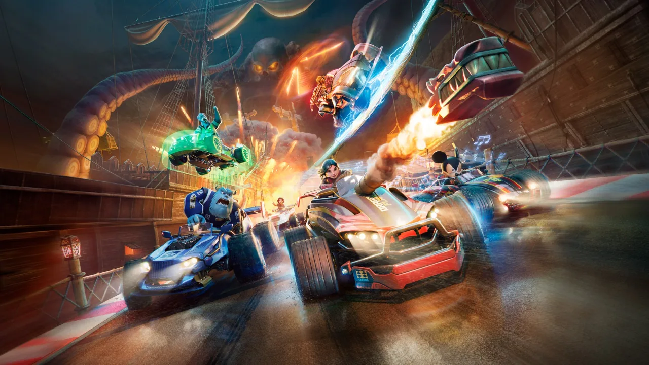 Corredor na esteira, suando, com o Switch 2 na mão exibindo Disney Speedstorm na tela ao fundo
