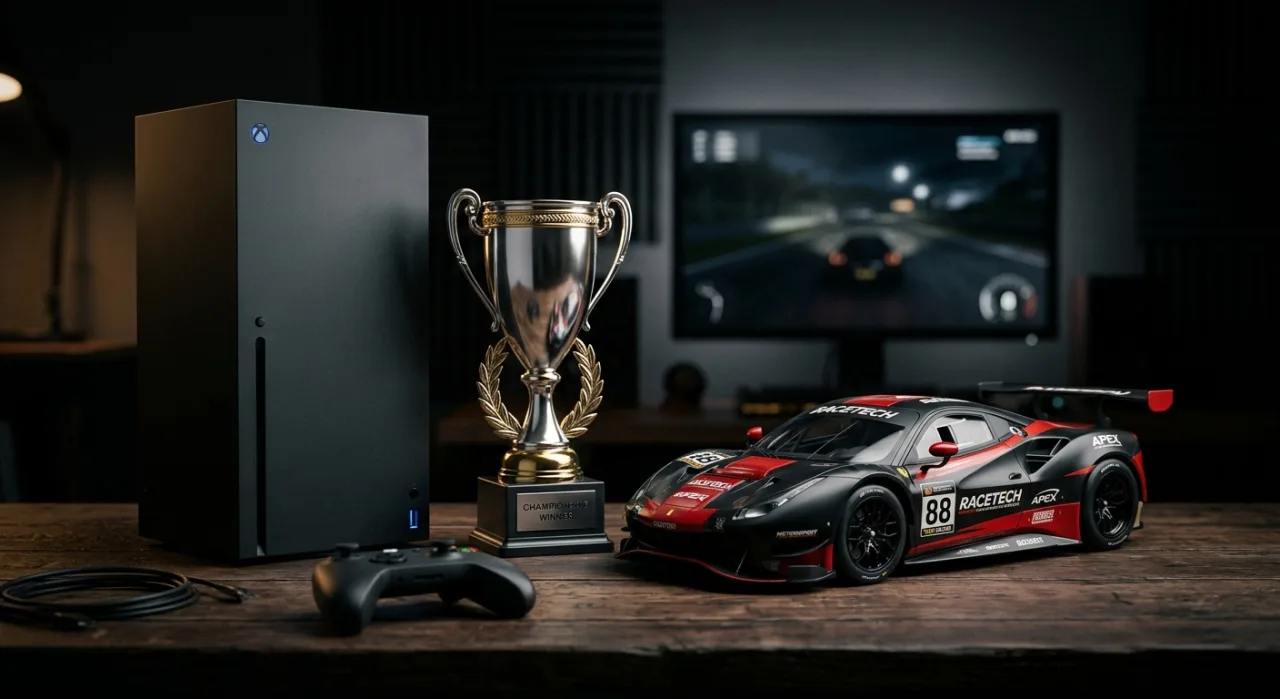 Logotipo da Xbox ao lado do troféu Golden Joystick, com a capa de Forza Horizon 6 ao fundo