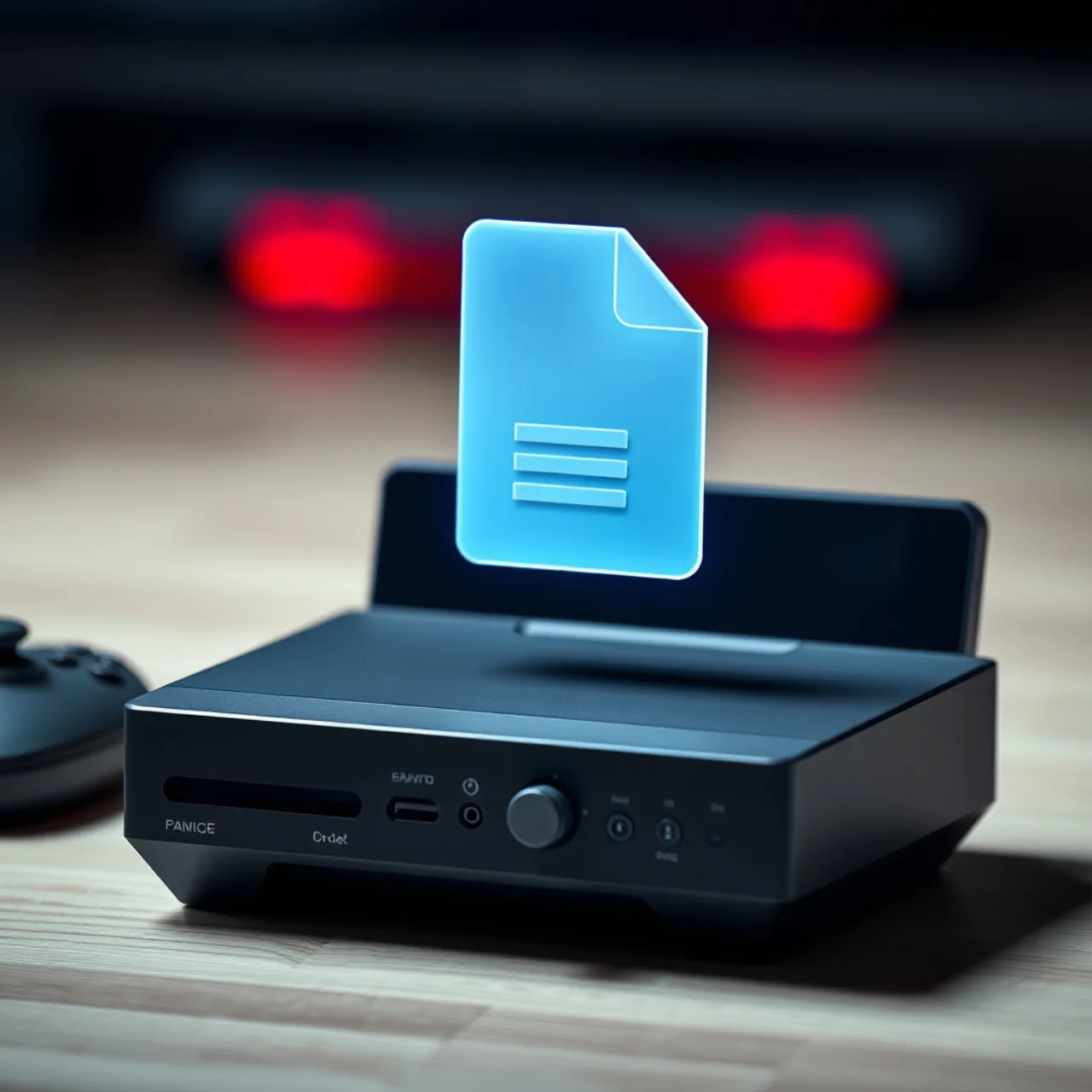Um gamer sentado no sofá, com controle na mão, usando fones, ao lado de um copo de água, barra de proteína e halteres