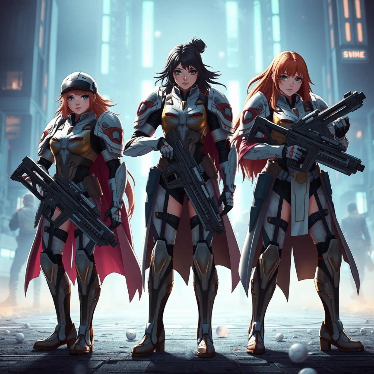 Queen, Yukiko e Aigis em trajes de batalha, lado a lado, com efeitos de energia azul e vermelha e os logos “NIKKE” e “Persona”