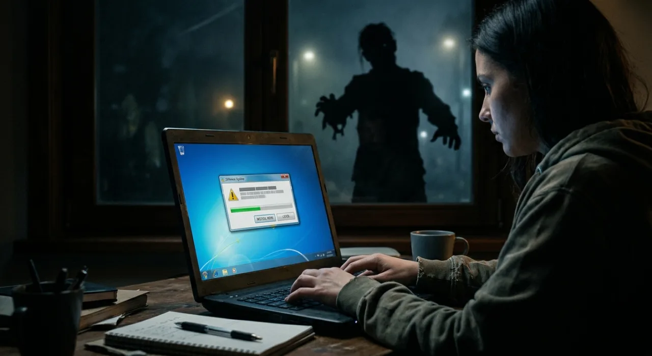 Tela de laptop mostra o logo do Popcorn Time com selo vermelho 'Desativado' e ícone de zumbi ao fundo