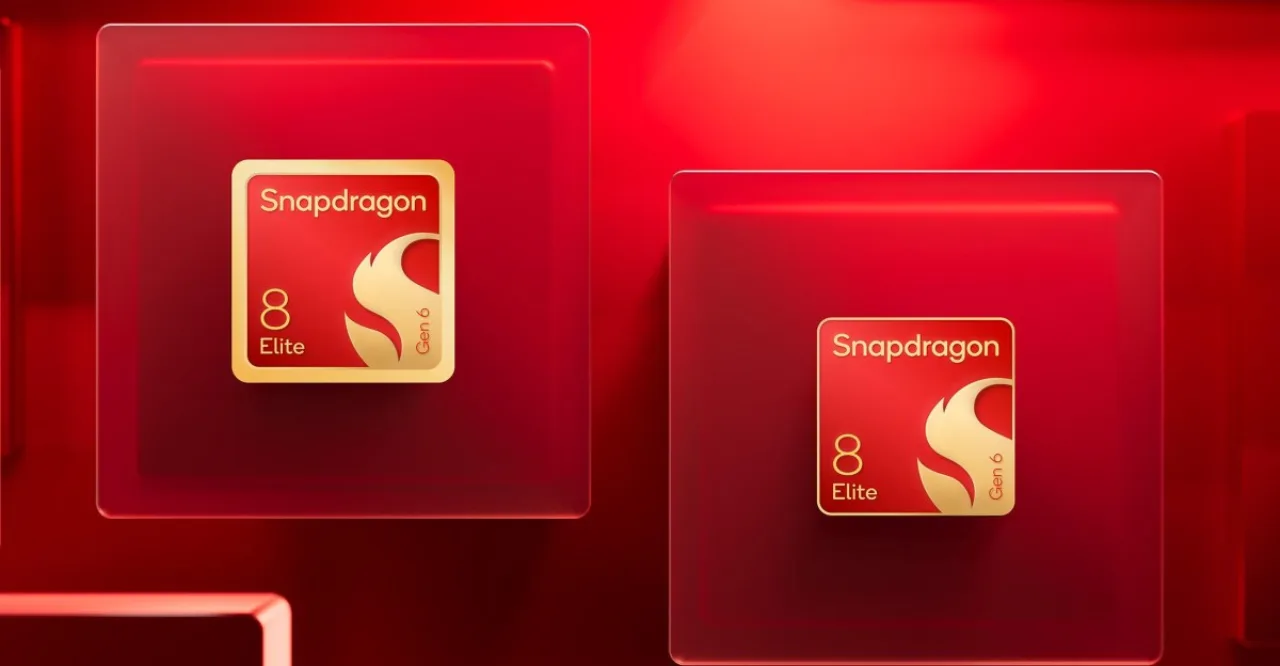 Logotipo da Qualcomm ao lado dos chips Snapdragon 8 Elite Gen 6 e 8 Elite Extreme Gen 6 sobre fundo escuro