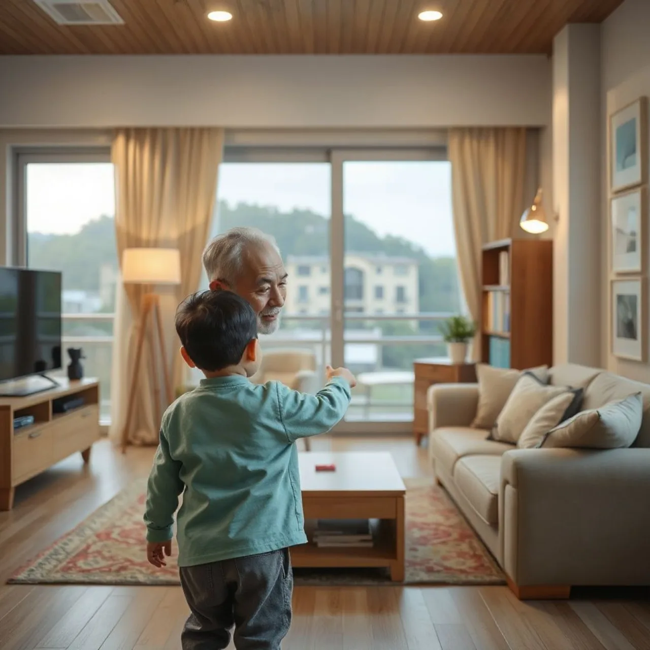 Haru e Gen, casal de septuagenários, seguram um bebê ao lado do logo da TV Kanagawa