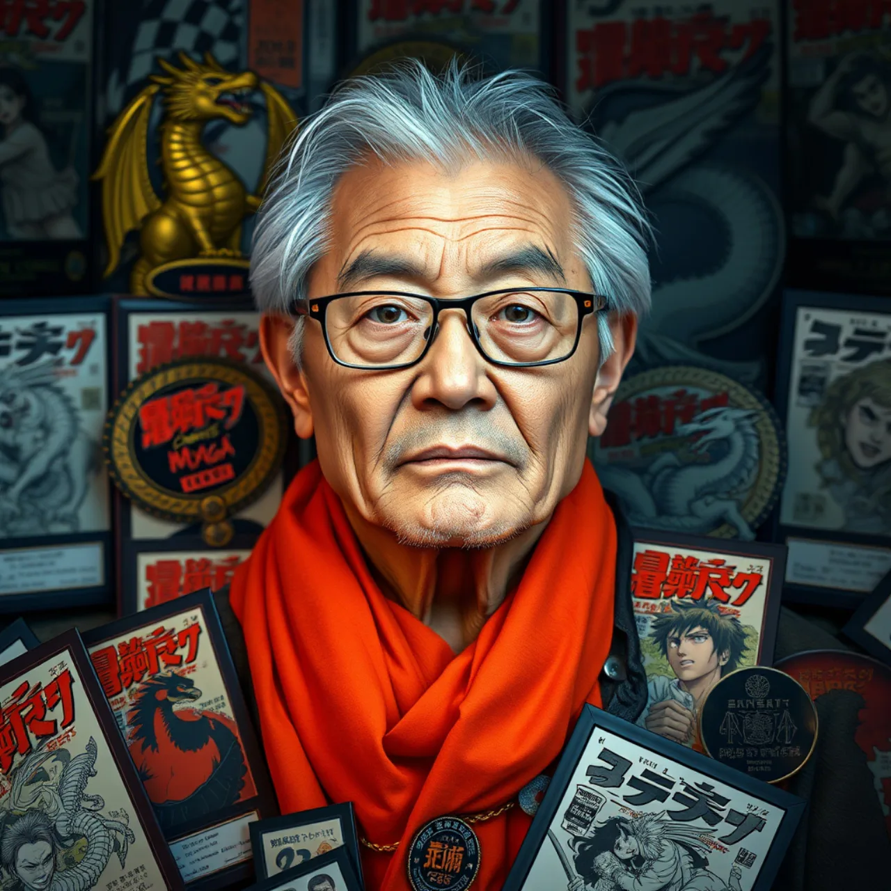 Toriyama segurando o troféu Eisner, rodeado por figuras de Dragon Ball e consoles de videogame